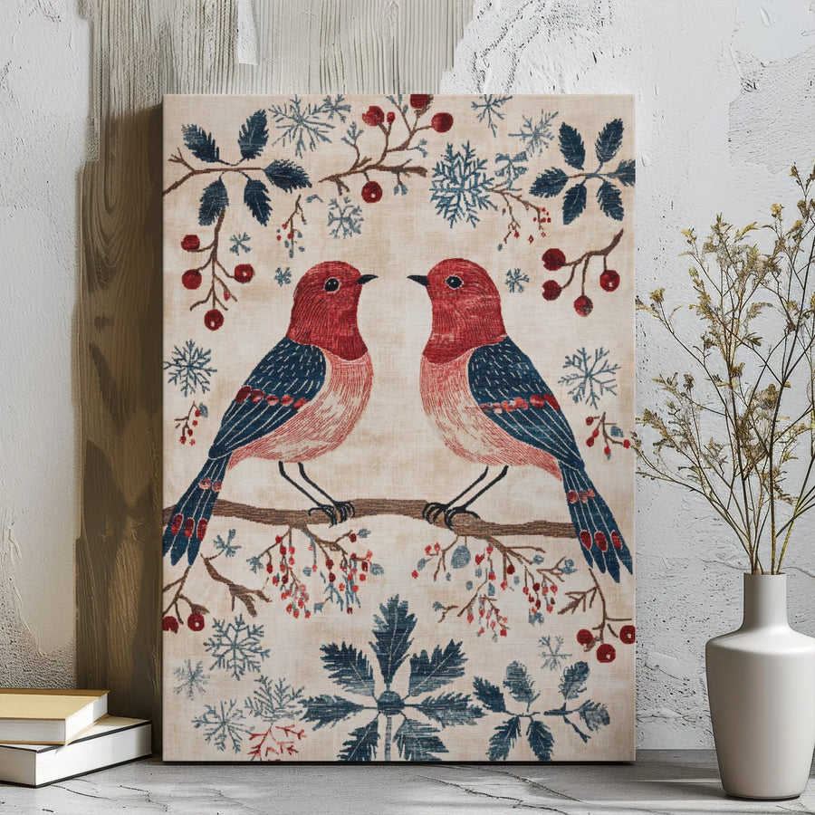 Winter Bird Canvas Wall Art | Folk Art Holiday Decor with Berries & Snowflakes | Premium Gallery-Wrapped Print | Ready-To-Hang Seasonal Gift