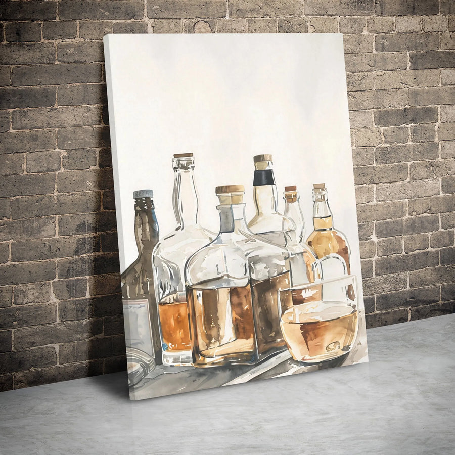 Whiskey Bottle Wall Art | Watercolor Bourbon Still Life Print | Premium Gallery Wrapped Canvas | Home Bar and Kitchen Decor Gift