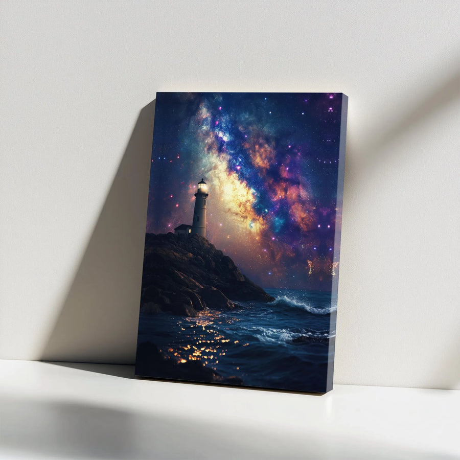 Lighthouse Canvas Wall Art | Cosmic Galaxy Night Sky Print | Premium Gallery Wrap Decor | Ready to Hang Coastal Home Gift
