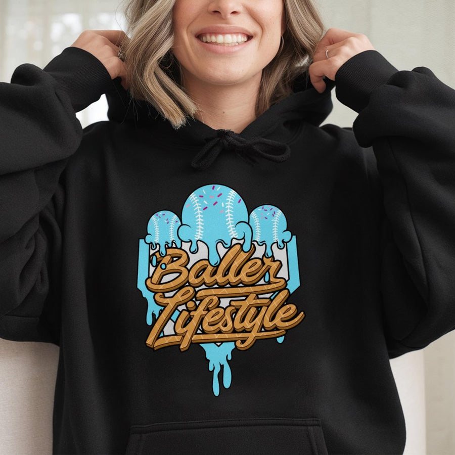 Baller Lifestyle Baseball Hoodie | Ice Cream Drip Graphic Design | Premium Cotton-Poly Blend | Unisex Sports Apparel Gift for Baseball Fans
