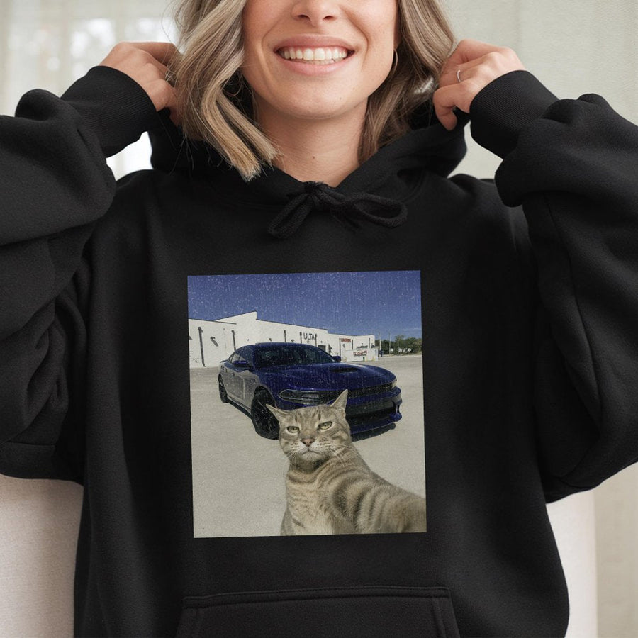 Funny Cat Selfie Hoodie | Cool Car Meme Graphic Sweatshirt | Premium Cotton-Blend Apparel | Viral Animal Lover Gift for Men and Women