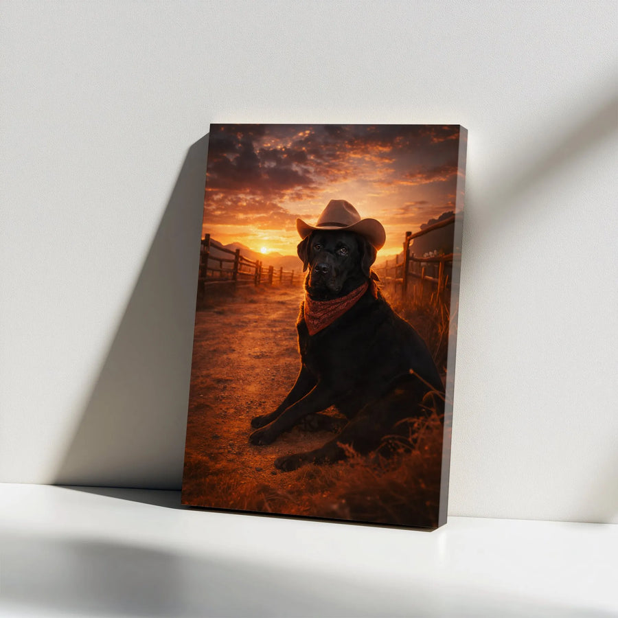 Cowboy Dog Canvas Wall Art | Black Labrador Wearing Cowboy Hat | Premium Gallery Wrap | Rustic Farmhouse Decor Gift for Dog Lover