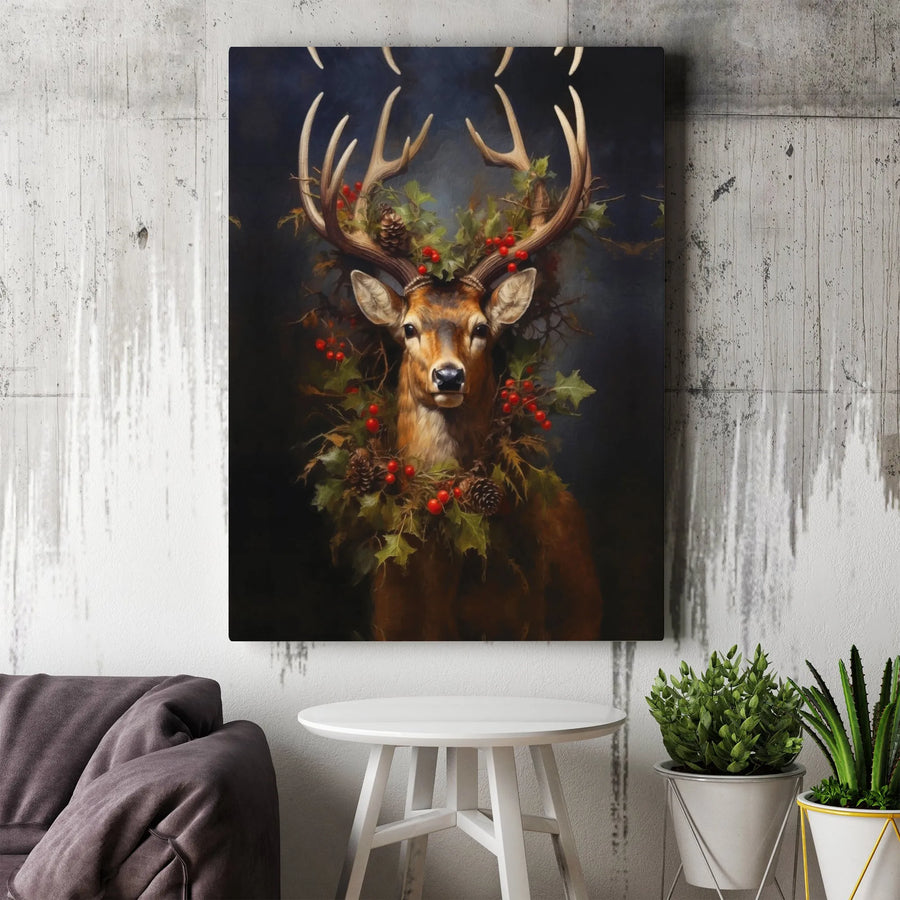 Christmas Stag Canvas Wall Art | Rustic Deer with Holly Wreath | Premium Gallery Wrap Print | Festive Holiday Home Decor