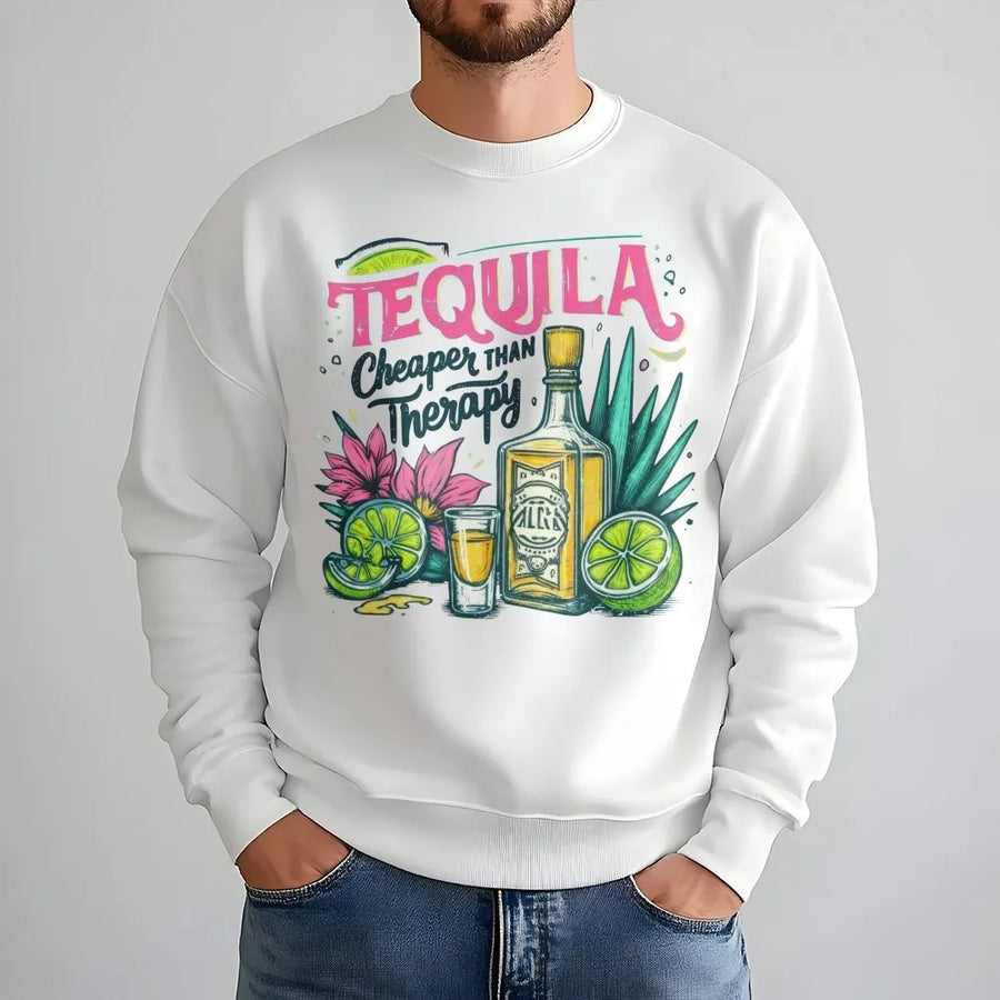 Tequila Cheaper Than Therapy Sweatshirt | Funny Alcohol Drinking Quote | Premium Cotton Blend | Gift For Margarita Lover & Party Squad