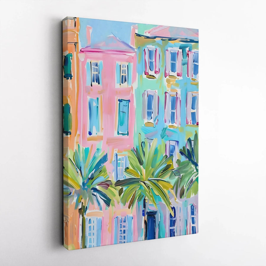 Rainbow Row Charleston Canvas Print | Vibrant Abstract Cityscape Painting | Premium Gallery Wrapped Wall Art | Southern Home Decor Gift for Her