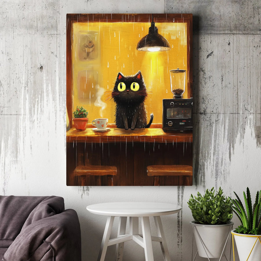 Black Cat Coffee Shop Canvas | Rainy Day Cafe Illustration | 1.25 Inch Gallery Wrap Premium Wall Art | Cozy Kitchen Decor Gift for Cat Lovers