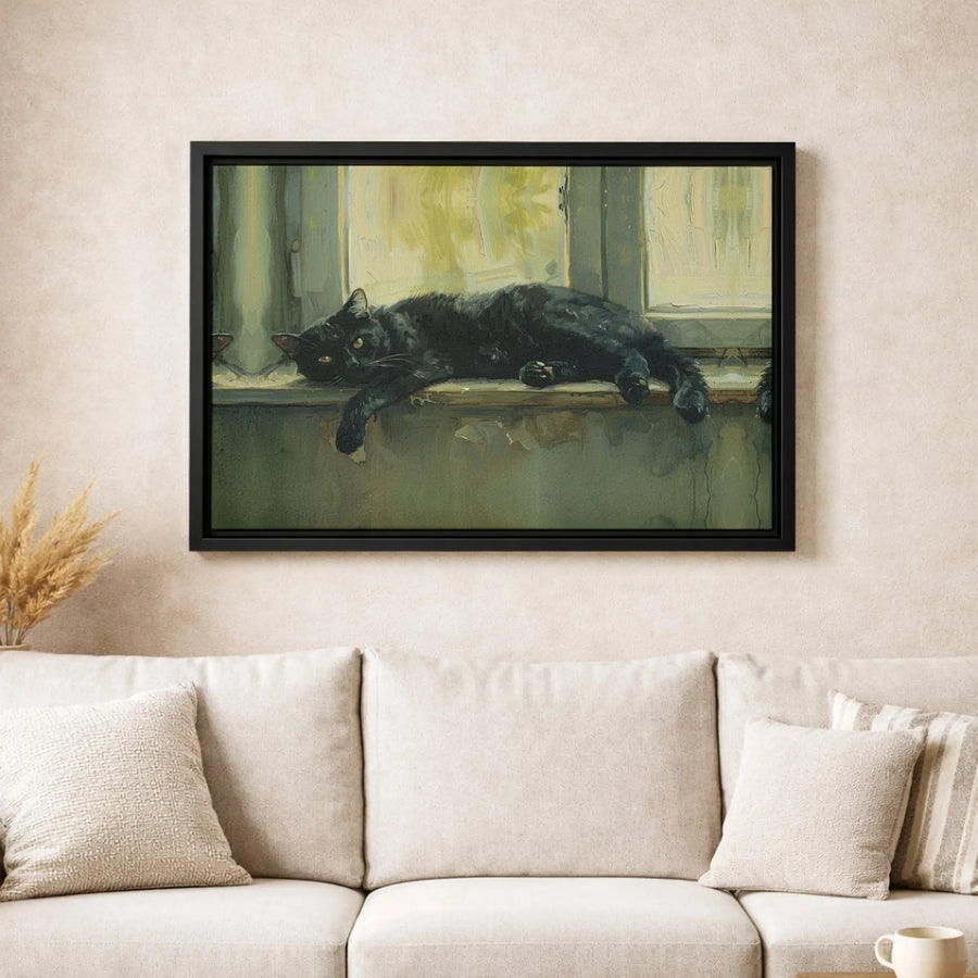 Black Cat Wall Art | Moody Impressionist Windowsill Oil Painting | Premium Gallery-Wrapped Canvas | Aesthetic Home Decor Gift For Cat Lovers