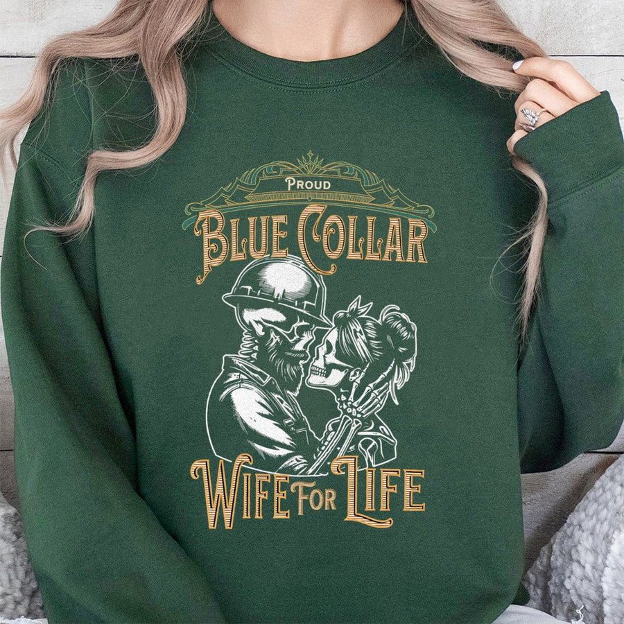 Blue Collar Wife Sweatshirt | Proud Construction Worker Spouse Graphic | Premium Cotton Blend Crewneck | Gift For Wife Anniversary Shirt