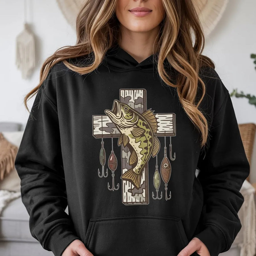 Fishing Cross Hoodie | Bass Fish Graphic with Lures | Premium Cotton Blend | Christian Fisherman Gift for Outdoorsmen