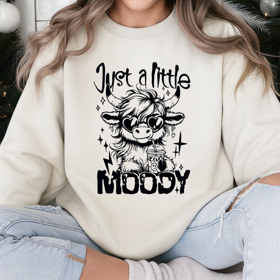 Highland Cow Sweatshirt | Just A Little Moody Retro Graphic Print | Premium Cotton Blend | Cozy Gift for Animal Lovers and Farmhouse Decor Fans