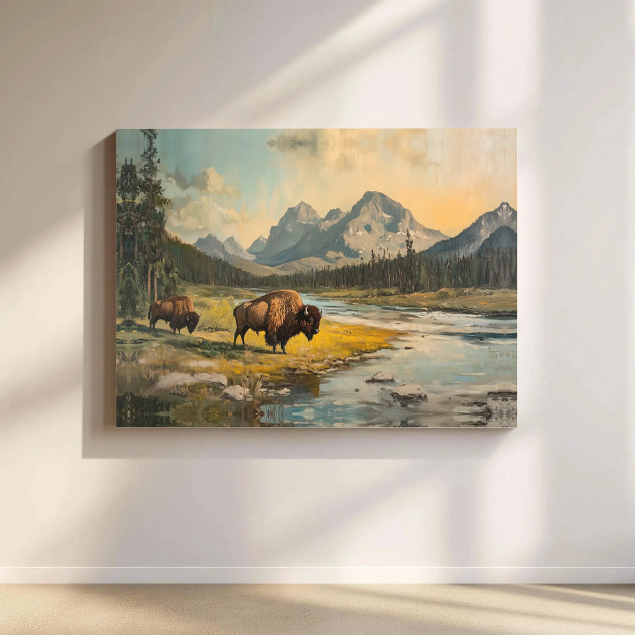 Bison Mountain Landscape Canvas | Vintage Western Painting Wall Art | Premium Gallery Quality Print | Rustic Cabin & Lodge Decor Gift