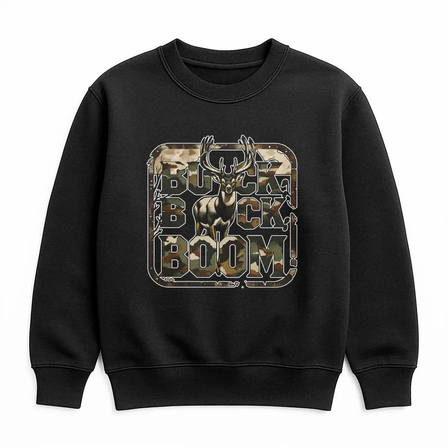 Buck Buck Boom Hunting Sweatshirt | Camo Deer Graphic Print | Premium Cotton Blend Unisex Pullover | Gift for Outdoorsmen and Deer Hunters