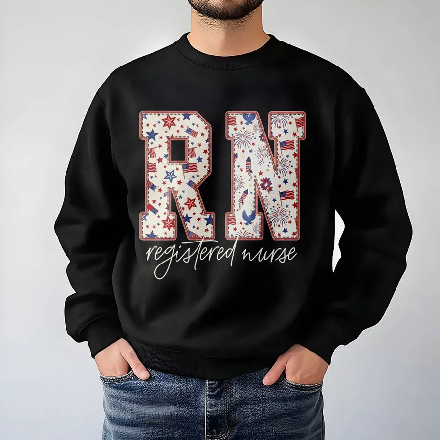 Patriotic RN Sweatshirt | USA Flag Fireworks Graphic Tee | Soft Cotton Shirt | Gift for Registered Nurse
