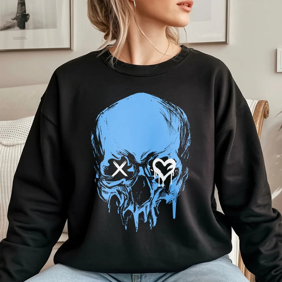 Graphic Skull Sweatshirt | Dripping Heart Eye Street Art Design | Premium Cotton-Blend | Goth Emo Alt Clothing Gift