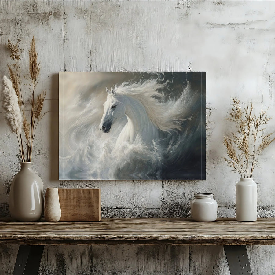 Majestic White Horse Wall Art | Ethereal Ocean Waves Canvas Print | 1.25 Inch Gallery Wrap | Elegant Nature Decor for Living Room