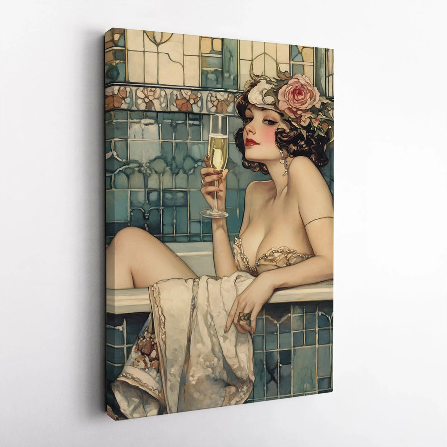 Art Deco Woman Bathing Canvas Print | Champagne Soaking Elegant Lady | Premium 1.25" Gallery Wrap | Vintage Home Decor Wall Art Gift