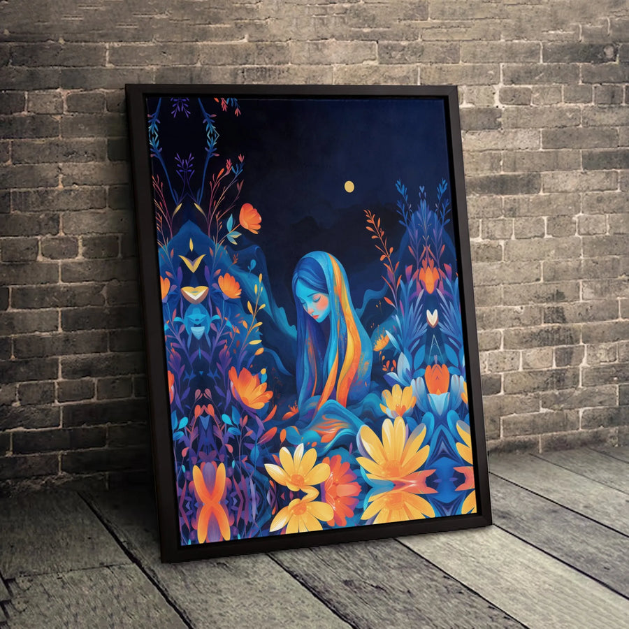 Ethereal Woman Canvas Wall Art | Glowing Midnight Floral Garden Design | Premium Fade-Resistant Print | Modern Home Decor Gift