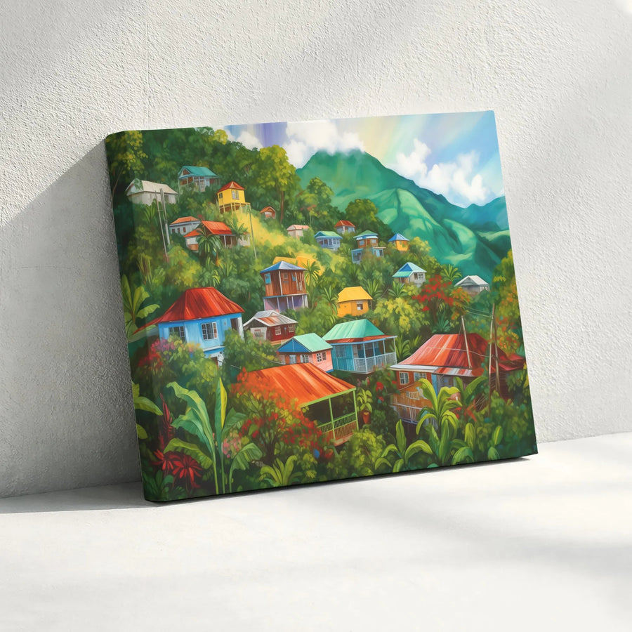 Tropical Village Canvas Print | Colorful Caribbean Hillside Painting | Premium Canvas with Fade-Resistant Inks | Island Wall Decor Gift