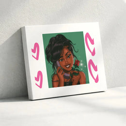 Black Woman Illustration Canvas | Romantic Rose and Phone Aesthetic Art | Premium Gallery-Wrapped Print | Wall Decor for Her Bedroom or Living Room
