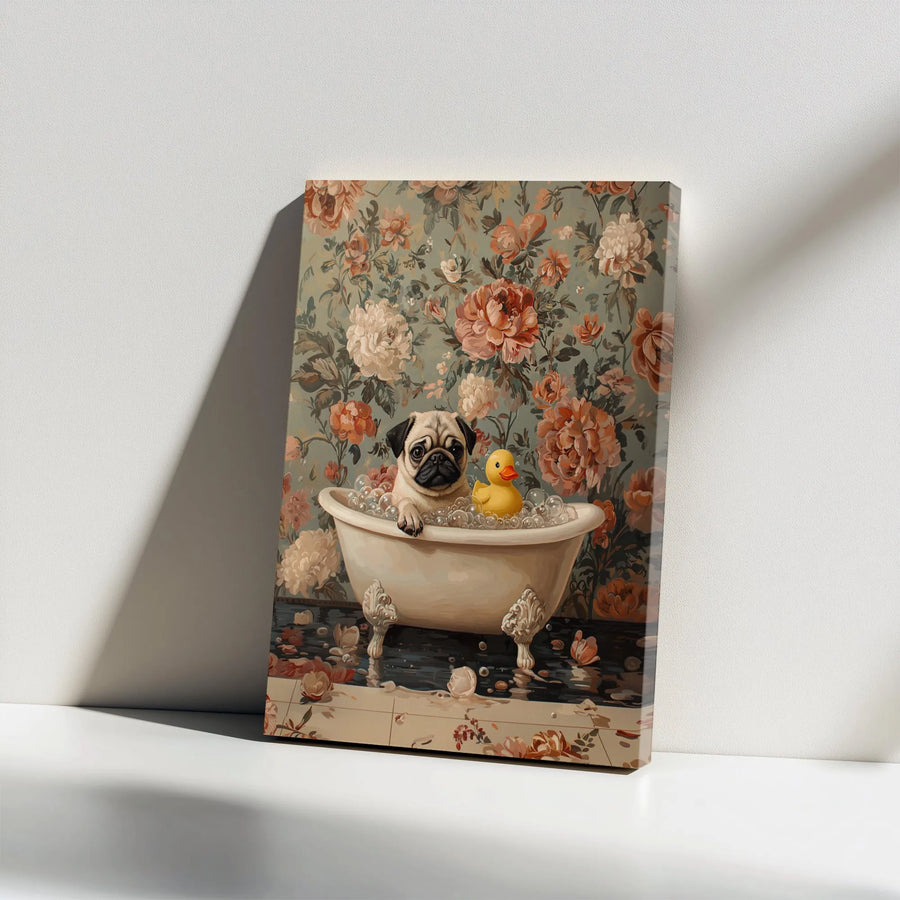 Pug in Bathtub Vintage Art Vertical Canvas | Whimsical Dog with Rubber Ducky Floral Wallpaper | Premium 1.25" Gallery Wrap | Funny Bathroom Decor Gift for Dog Lovers