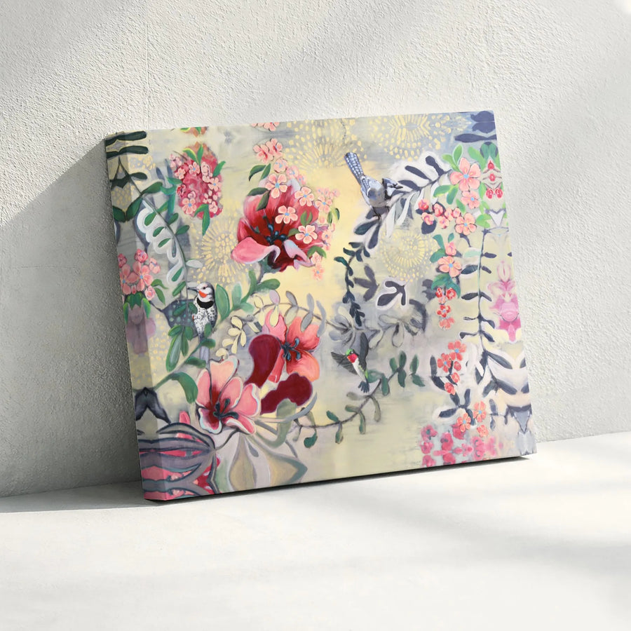 Botanical Garden Canvas Wall Art | Colorful Floral & Bird Painting | Premium Gallery Wrapped Canvas | Modern Home Decor Gift