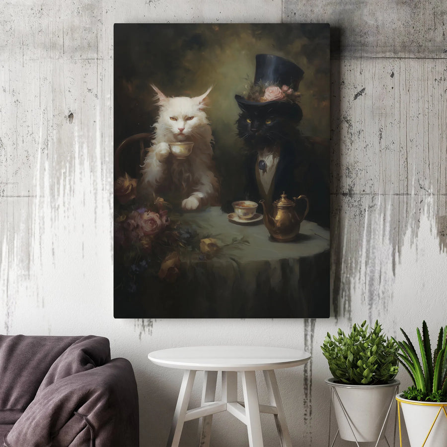 Victorian Cat Tea Party Canvas | Whimsical Animal Portrait Wall Art | Premium Gallery-Wrapped Print | Perfect Gift for Cat Lovers