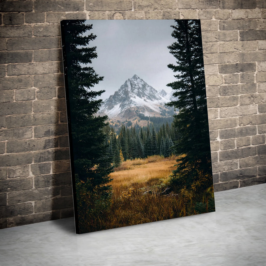 Snowy Mountain Peak Vertical Canvas | Pine Forest View Photography | Premium Gallery Wrapped Print | Rustic Cabin Decor & Nature Lover Gift
