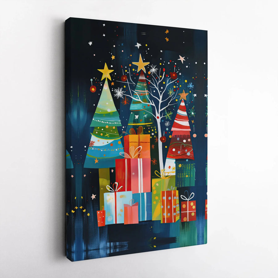 Abstract Christmas Tree Canvas Art | Colorful Holiday Gifts Wall Decor | Premium 1.25-Inch Gallery Wrap | Festive Winter Home Office Wall Hanging