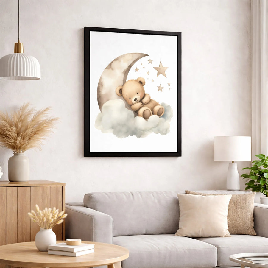 Watercolor Teddy Bear Canvas Art | Sleeping Moon and Stars Nursery Decor | Premium Fade-Resistant Wall Print | Baby Boy or Girl Room Gift