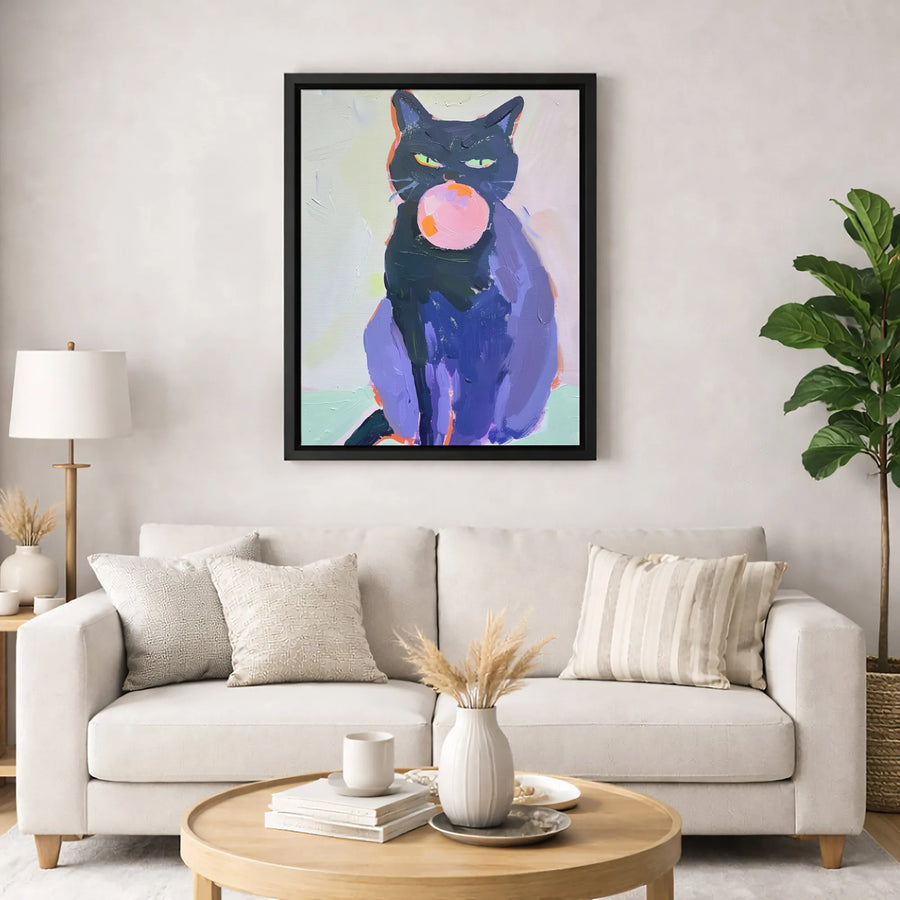 Black Cat Bubble Gum Canvas Art | Abstract Pet Wall Decor | 1.25 Inch Gallery Wrap Print | Whimsical Animal Lover Gift