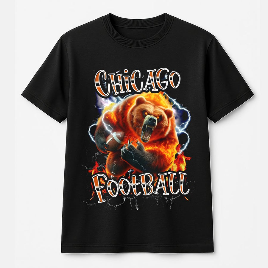 Chicago Football With Roaring Flaming Bear And Lightning T-Shirt