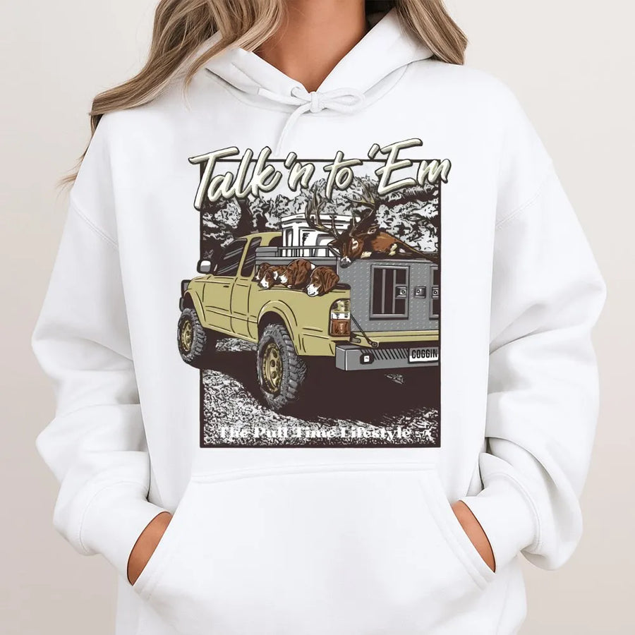 Hunting Truck Hoodie | Talk N To Em Deer Dogs Graphic | Premium Cotton Blend | Gift For Deer Hunters & Outdoorsmen