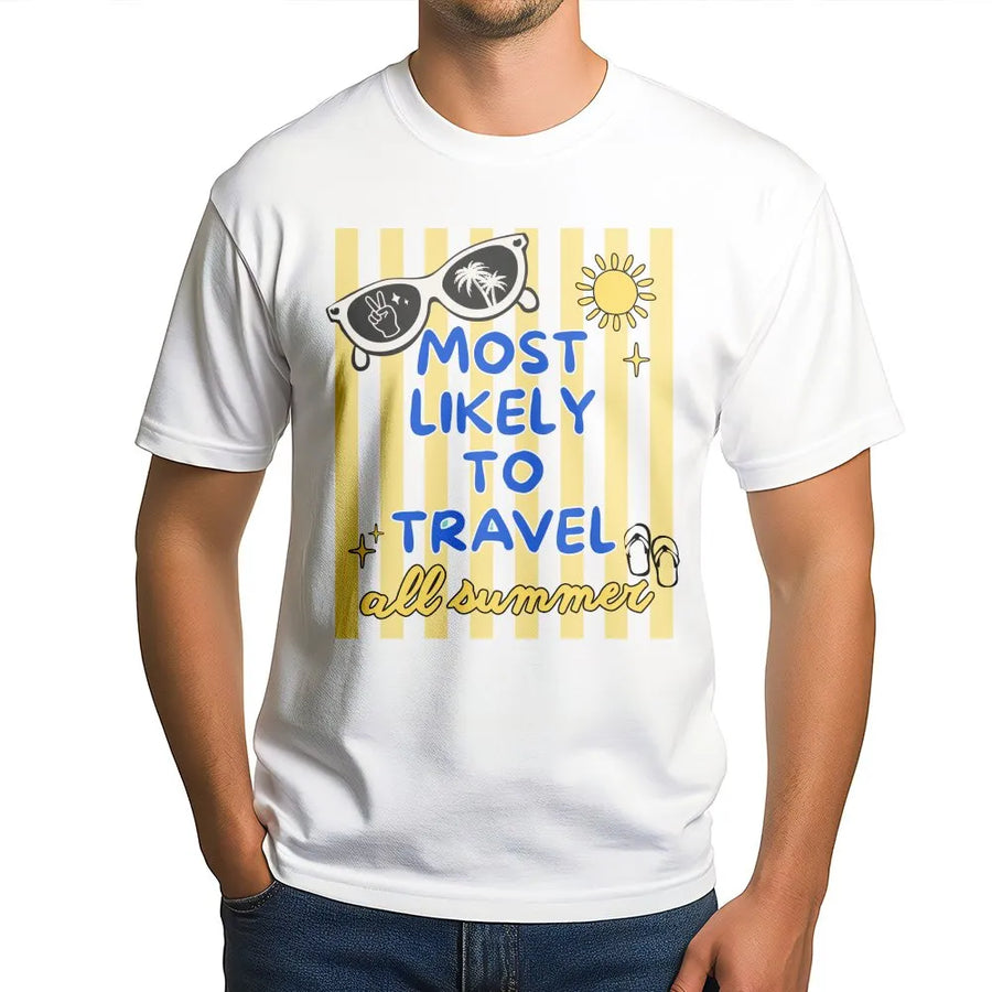 Most Likely To Travel T-Shirt | Retro Summer Vacation Graphic | Cozy Cotton Blend Crewneck | Funny Family Trip Gift for Her