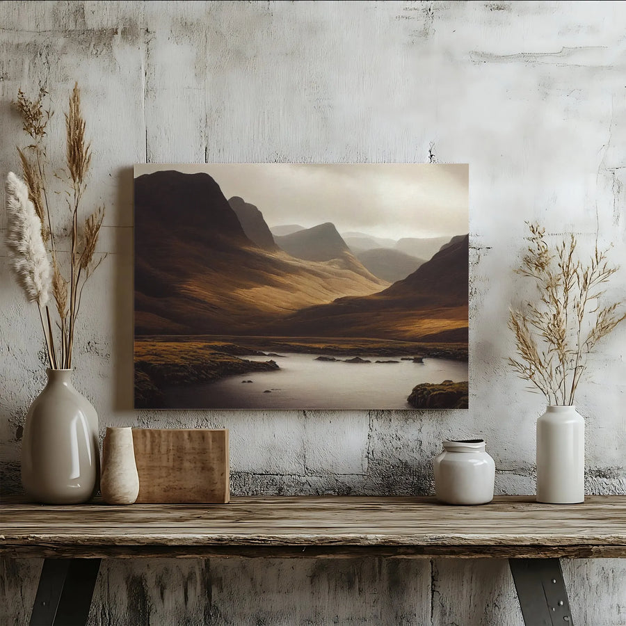 Scottish Highlands Landscape Canvas Art | Moody Mountain Lake Wall Decor | Premium Gallery Wrap Print | Nature Lover Home Interior Gift
