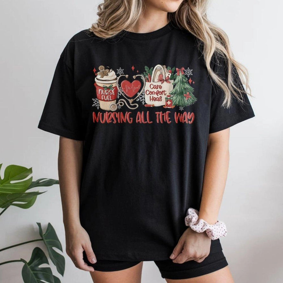 Christmas Nurse T-Shirt | Nursing All The Way Festive Design | Premium 100% Cotton Apparel | Cute Holiday Gift for Registered Nurses and Nursing Students