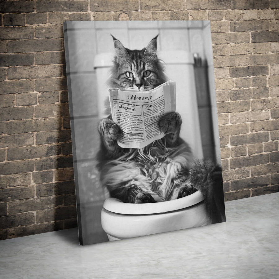 Funny Cat Reading Newspaper Canvas | Whimsical Bathroom Wall Art | Premium Gallery Wrapped Print | Unique Gift for Cat Lovers