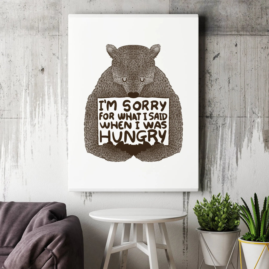 Sorry When Hungry Canvas Print | Funny Bear Quote Wall Art | Premium 1.25" Thick Profile | Unique Kitchen Decor Gift for Foodies
