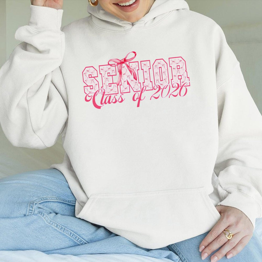 Senior Class Of 2026 Hoodie | Cute Pink Bow Varsity Graphic | Premium Cotton Blend Pullover | Graduation Gift For High School College Students