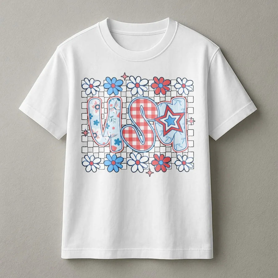 Patriotic USA T-Shirt | Coquette Floral Checkerboard Graphic | Soft Cotton Blend | Preppy 4th of July Gift for Women