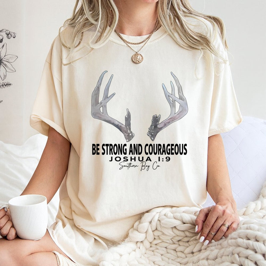 Be Strong And Courageous T-Shirt | Joshua 1:9 Deer Antler Graphic | 100% Premium Cotton | Christian Faith Gift for Outdoorsmen and Hunters