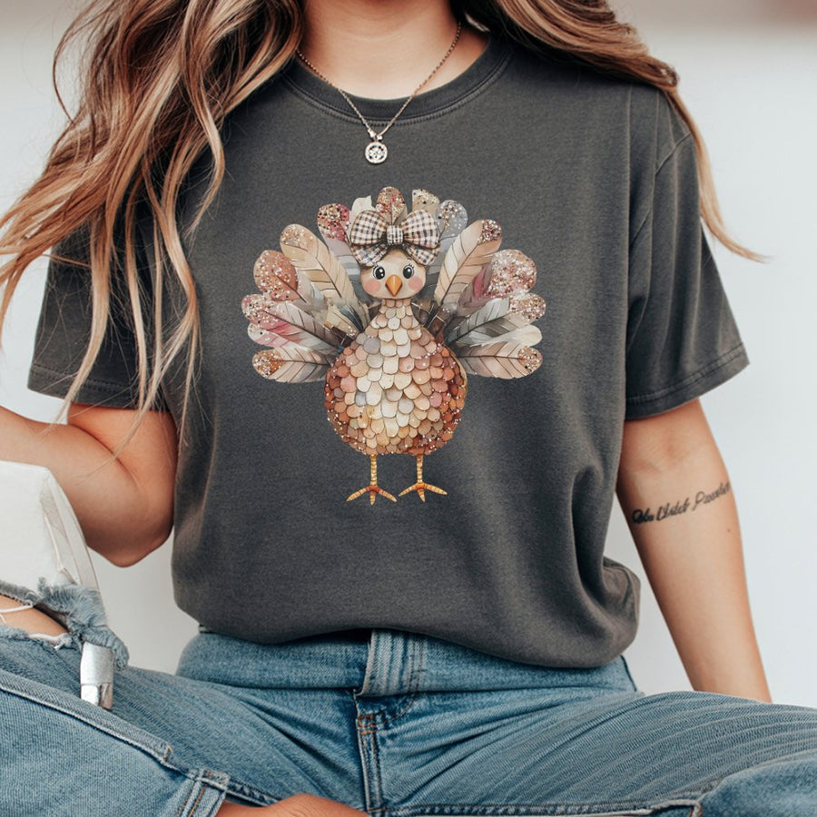 Coquette Turkey T-Shirt | Cute Glitter Bow Thanksgiving Design | 100% Cotton Premium Tee | Trendy Fall Aesthetic Gift For Her