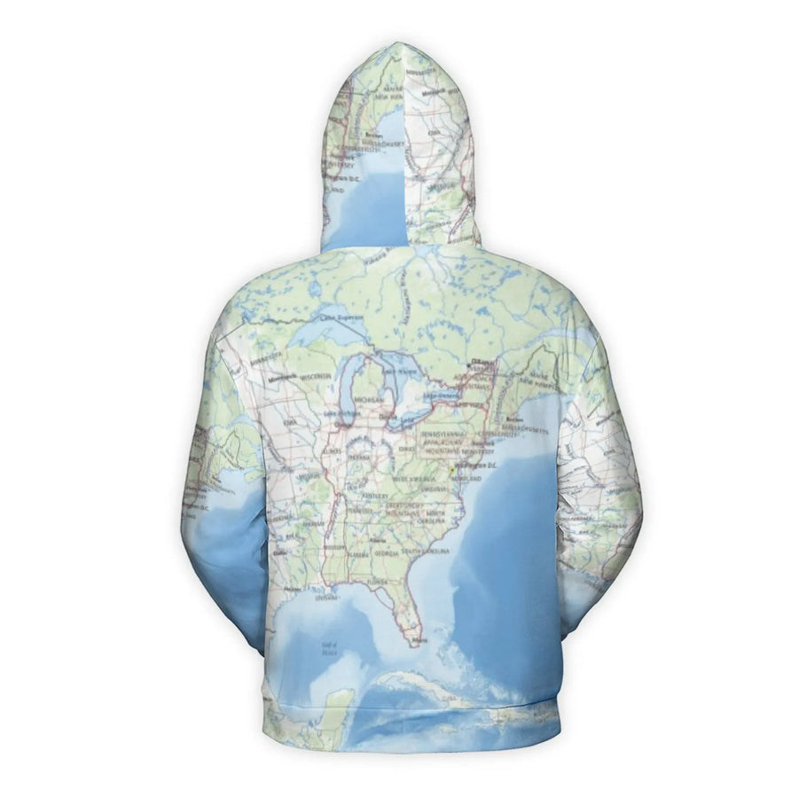 USA Map Print Hoodie | Eastern United States Geography Graphic | Premium Polyester Brushed Fleece | Unique Travel Gift for Geography Lovers