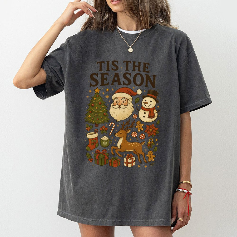 Tis The Season Christmas T-Shirt | Retro Santa and Snowman Graphic Print | 100% Cotton Soft Tee | Holiday Gift for Women and Men