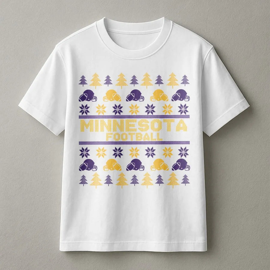 Minnesota Football Ugly Sweater T-Shirt | Retro Nordic Christmas Pattern | Premium Soft Cotton Tee | Gift for Minnesota Football Fan Mom Dad