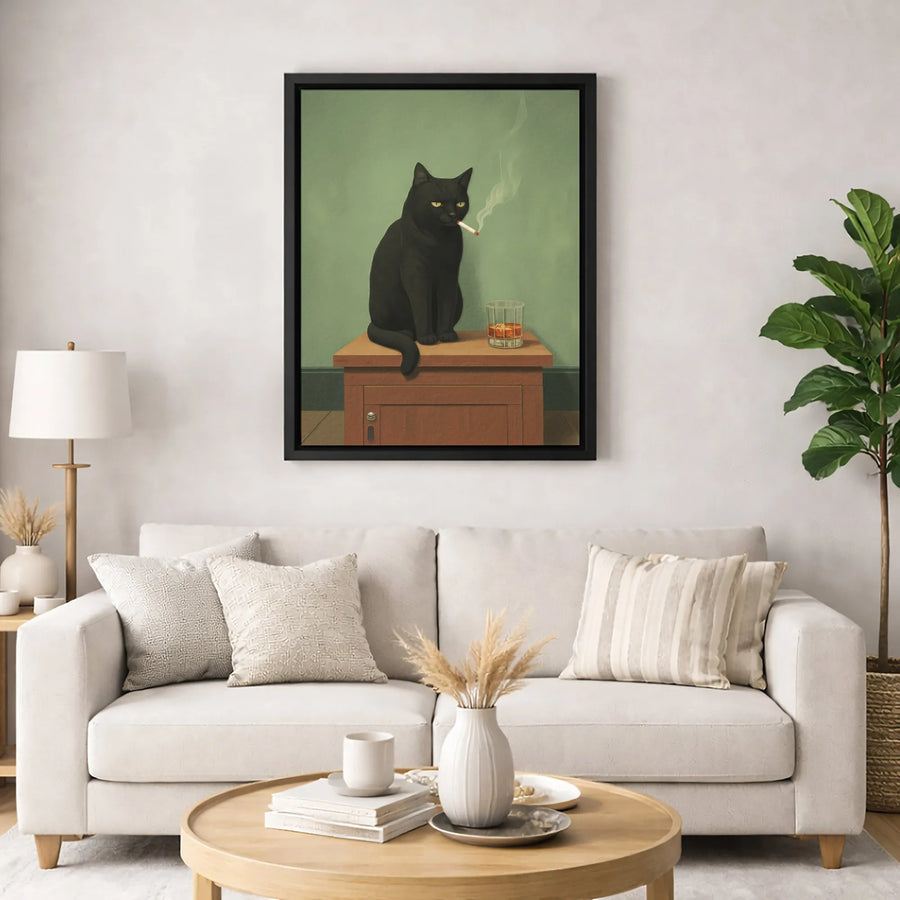 Black Cat Smoking Cigarette Wall Art | Whiskey Drinker Retro Illustration | Premium Gallery Wrapped Canvas | Quirky Home Decor Gift