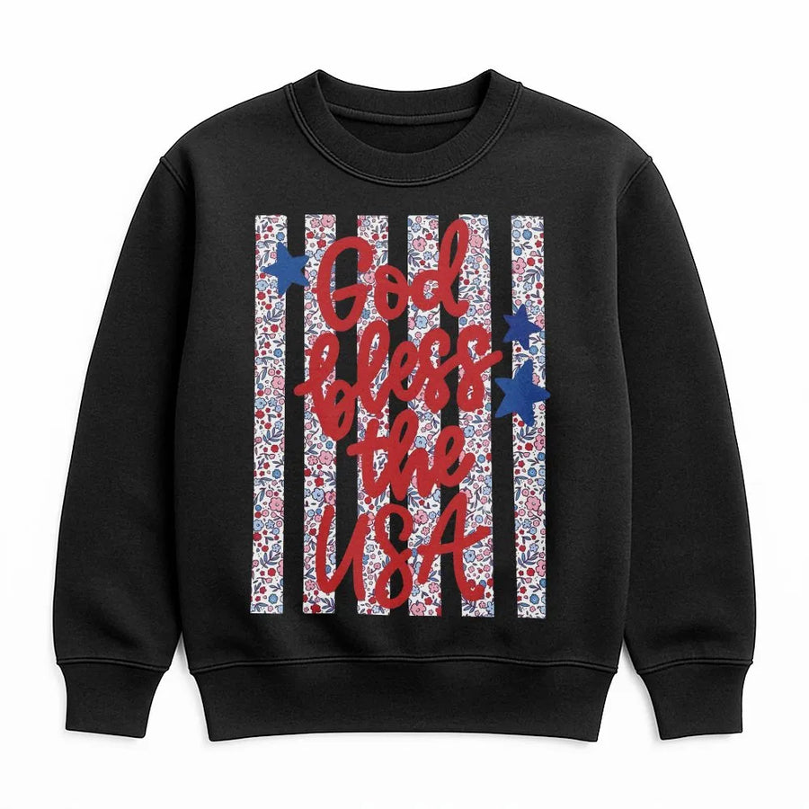 God Bless The USA Sweatshirt | Dainty Floral American Flag Design | Soft Cotton Blend Pullover | Fourth of July Gift for Women