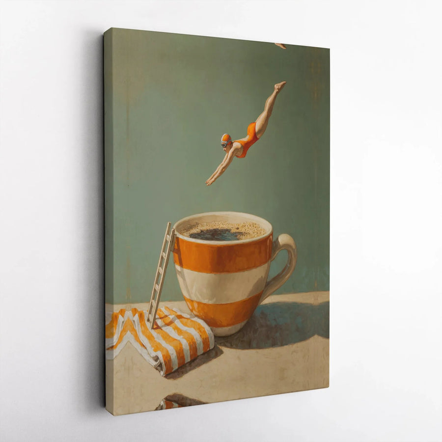Surreal Coffee Dive Canvas Art | Vintage Swimmer & Striped Cup Print | Premium Fade-Resistant Canvas | Gift for Coffee Lovers & Kitchen Decor