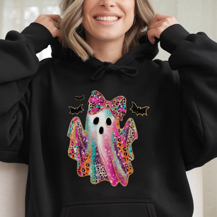 Colorful Leopard Bow Ghost Hoodie | Retro Rainbow Glitter Spooky Season Graphic | Premium Cotton Blend | Cute Halloween Sweatshirt Gift for Her