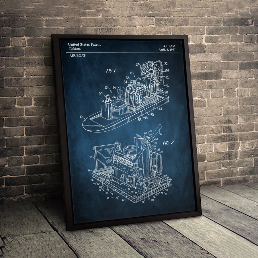 Air Boat Patent Print | Vintage Technical Engineering Drawing | Premium Gallery Wrapped Canvas | Office Decor Gift For Boat Enthusiast