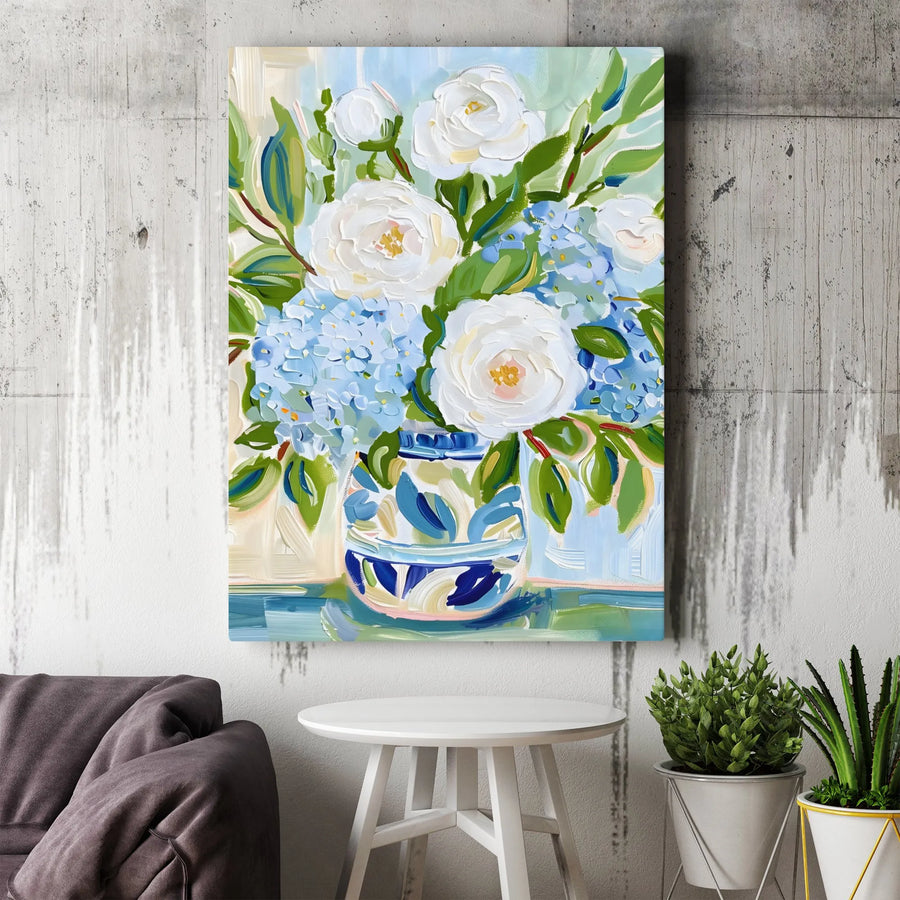 Floral Canvas Wall Art | White Rose and Blue Hydrangea Oil Painting | Premium Textured Gallery Wrap | Elegant Home Decor Gift